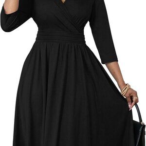 Women's Wrap Dress Black Midi V Neck A Line 3/4 Sleeve Pockets Casual